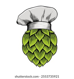 colored illustration of green hops wearing a chef's hat