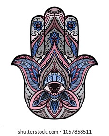 Colored illustration of Hamsa with boho pattern. Buddhas hand. Vector element for your sketch of tattoo, coloring book, T-shirt print and your design.