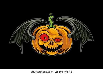 Ilustración de color dibujado a mano de la calabaza de miedo con alas de murciélago