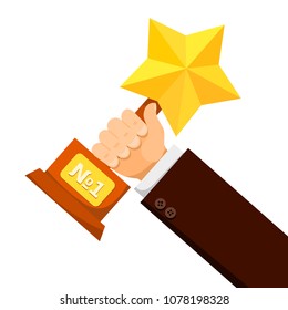 Colored illustration of a hand with a golden star. The concept of victory and winnings. Vector illustration