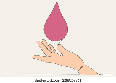 Colored illustration of a hand guarding a drop of blood. World blood donor day one-line drawing