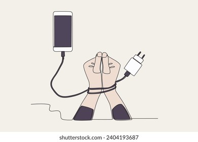 Colored illustration of hands tied to cell phones. Mobile phone addiction one-line drawing