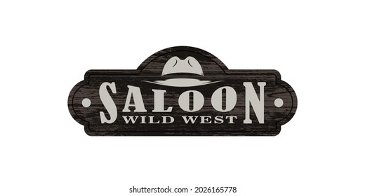 Colored illustration of a hat, text on a background with a wooden texture. Design element for signboard, poster, banner, emblem and label. Vector illustration. Saloon billboard.