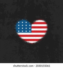 Colored illustration of a heart, a flag on a background with a grunge texture. Design element for print, emblem, badge, sticker and label. Vector illustration. USA symbol.