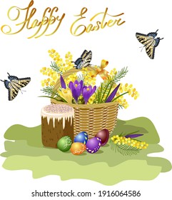 Colored illustration for the holiday of Easter.Eggs and Easter cake in an Easter composition with flowers on a white background.