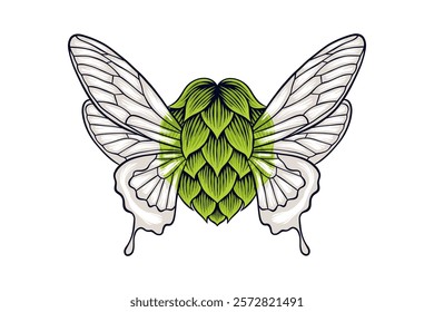 Colored illustration of hops having butterfly wings