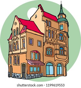 A colored illustration of a house with two small arches and a balcony.
Hand drawn monochrome vector illustration.