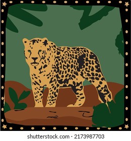 colored illustration of a jaguar, typical feline of the amazonian fauna, jaguar in the nature of brazil, illustration in cordel style