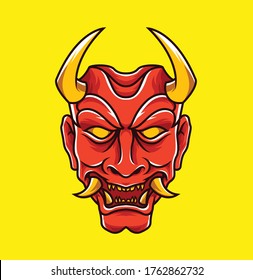 Colored illustration with a Japanese demon mask object or called oni