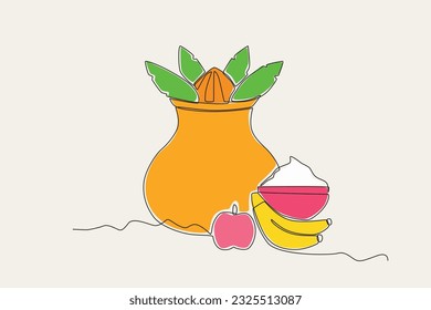 Colored illustration of a jug full of crops. Onam one-line drawing