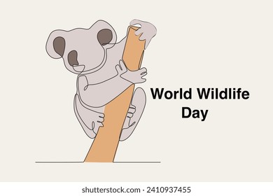 Colored illustration of a koala climbing a tree. World Wildlife Day one-line drawing