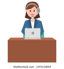 colored illustration of lady customer care representative talking speaking over headphone laptop working office desk sales support