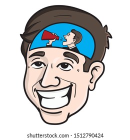 colored illustration of a laughing businessman with a man in his head holding a megaphone and calling estwas. Advertising, inner voice, belly feeling, comic, vector, emotions.