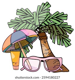 Colored illustration of a lazy set with a palm tree, eyes and a beach umbrella
