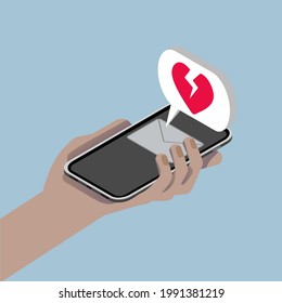 Colored illustration. Male hand with smartphone message and speech bubble. Brake up message. The end of the relationship. Broken heart. Isometric illustration on blue background. 