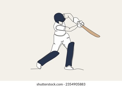 Colored illustration of a man hitting a ball side view. Cricket one-line drawing