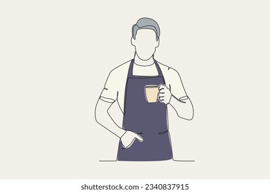 Colored illustration of a man holding a cup of coffee. International coffee day one-line drawing