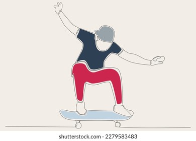 Colored illustration of a man playing skateboard. Skateboarding one-line drawing