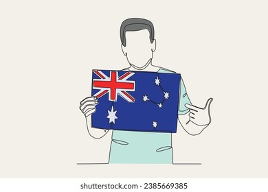 Colored illustration of a man pointing at the Australian flag. Australia day one-line drawing