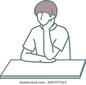 Ilustración coloreada de un hombre sentado en un escritorio, apoyando su barbilla en su mano. Perfecto para transmitir pensamientos, espera o escenas de oficina casuales.