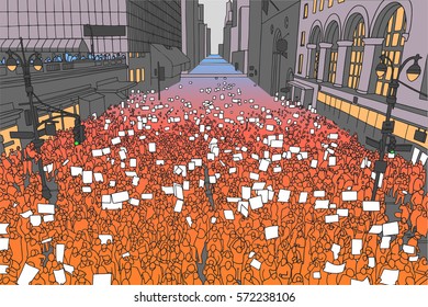 Colored illustration of massive crowd protesting for human rights in urban environment from high angle view svg