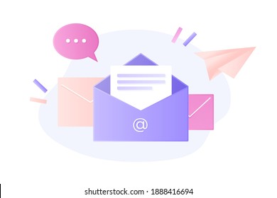 Colored illustration of a message in a modern style. Open letter with email symbol. Horizontal picture for web design and mobile applications. Vector, eps 10