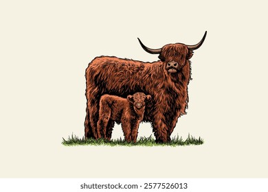 Colored illustration of mother Highland Cattle with her calf