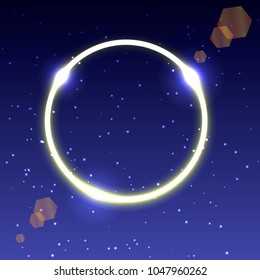 colored illustration of a neon glowing circle with glare in the starry sky