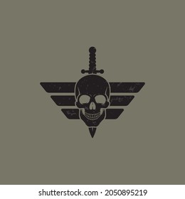 Colored illustration on the theme of the army skull, dagger, wings on the background. Design element for emblem, badge, sticker, label, sticker and print. Vector illustration. Military symbols.