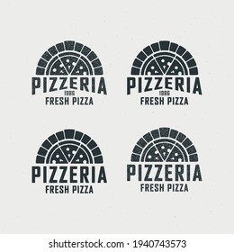 Colored illustration of the oven, pizza, text on a background with a grunge texture. Vector illustration in vintage style for emblem, poster, label and badge. Advertising of a pizzeria.