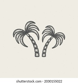 Colored illustration of a palm tree with a grunge texture on the background. Design element for poster, print, emblem, label and sticker. Vector illustration. Tropical plants.