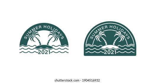 Colored illustration of a palm tree, waves, text on a white background. Vector illustration for logo, badge, label, symbol. Summer vacation advertisement.