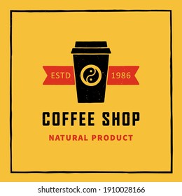 Colored illustration of a plastic cup, ribbon, text on a yellow background. Vector illustration in vintage style for signboard, poster and flyer. Coffee shop advertisement.