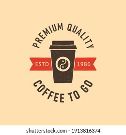 Colored illustration of a plastic cup, ribbon, text on the background. Vector illustration in vintage style for poster, emblem, signboard. Coffee to go.