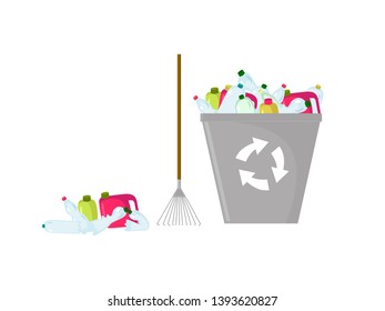 Colored illustration of plastic waste, rake and trash can for recycling. Great design elements of conception of the pollution nature with plastic waste.