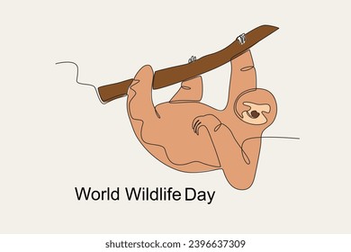 Colored illustration of a primate hanging from a branch. World Wildlife Day one-line drawing