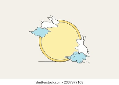 Ilustración de color de un conejo jugando en la luna. Dibujo de una línea a mediados de otoño