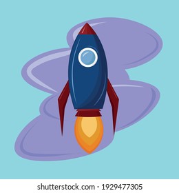 Colored illustration of rocket on the sky with purple clouds
