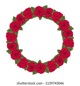 Colored illustration of a round wreath of red roses. Isolated vector object on white background.