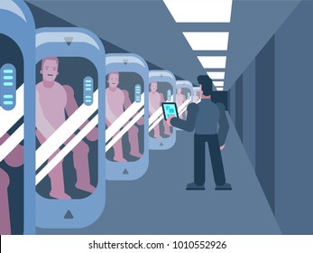 Colored illustration with science experiment cloning human in capsules