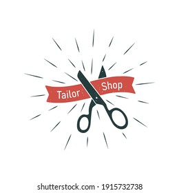 Colored illustration of scissors, rays, ribbon with text on a white background. Vector illustration in vintage style for emblem, label, badge, symbol. Tailor shop.