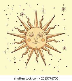 colored illustration in semi-medieval style with stylized sun and starts