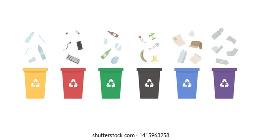 Colored illustration of separation garbage bins with plastic, e-waste, glass, organic, paper and metal waste. Recycling garbage elements. Sorting and processing of garbage. Utilize waste. Trash types.