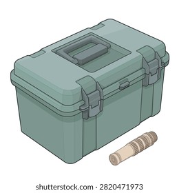 Colored illustration set featuring a garden toolbox and watering nozzle for storing gardening tools and controlling water flow during plant watering. Ideal for gardening, landscaping, horticulture, agriculture, and plant care.