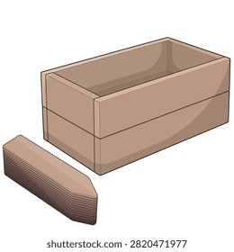 Colored illustration set featuring a planter box and plant labels for growing, organizing, and identifying herbs, vegetables, flowers, and seedlings. Ideal for gardening, landscaping, horticulture, nursery, and home garden projects.