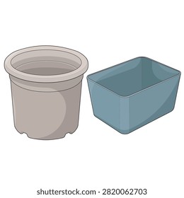 Colored illustration set featuring a plastic plant pot and planter box for growing flowers, herbs, vegetables, seedlings, and ornamental plants. Ideal for gardening, landscaping, horticulture, nursery, and home gardening.