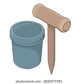 Colored illustration set featuring a seed storage container and garden dibber for storing seeds, organizing seed collections, sowing, and preparing planting holes. Ideal for gardening, horticulture, landscaping, nursery, and home gardening.