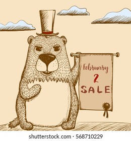  Colored illustration in sketch style with groundhog in a hat with a poster for sales. Retro style. Happy Groundhog Day theme.