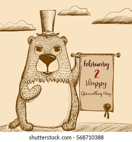  Colored illustration in sketch style with groundhog in a hat with a poster for seasonal sales. Retro style. Happy Groundhog Day theme.