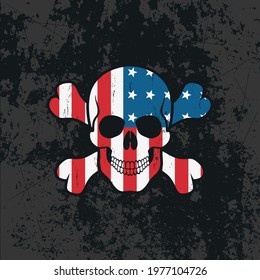 Colored illustration of a skull, crossbones, stars, flag on a background with a grunge texture. Vector illustration in vintage style for print, poster, emblem, sticker, label. USA flag.